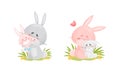 Rabbit Family with Bunny Mom and Dad Embracing Their Cub Vector Set Royalty Free Stock Photo