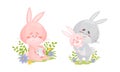 Rabbit Family with Bunny Mom and Dad Embracing Their Cub Vector Set Royalty Free Stock Photo