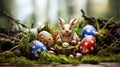 A rabbit figurine sitting in a mossy nest, AI