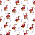 Rabbit and firtrees, winter hand drawn background, watercolor seamless pattern.