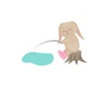 Rabbit with a fishing rod . Cute rabbit in cartoon style. A hare fisherman with a fishing rod sits on a stump. The hare