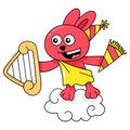 The rabbit is flying above the clouds playing the harp, doodle icon image kawaii
