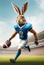 Rabbit football player with ball on stadium background. Mixed media.