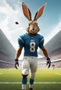 Rabbit football player with ball on stadium background. Mixed media.