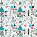 Rabbit in forest seamless pattern. Vector illustration with tree, mushroom, flower, stump Royalty Free Stock Photo