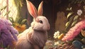 Rabbit on garden flower showcases an adorable bunny amidst colorful blooms, evoking a sense of nature and whimsy