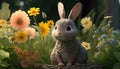 Rabbit on garden flower showcases an adorable bunny amidst colorful blooms, evoking a sense of nature and whimsy