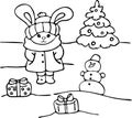 Rabbit with gifts and a snowman. For coloring book