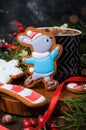 Rabbit Gingerbread Cookie on Wooden Background, Handmade Christmas Treat Royalty Free Stock Photo