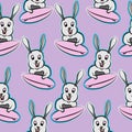 Rabbit go surfing happy, funny, bunny and surf board, animal, cute, pet, smile, fun, expression cartoon seamless pattern with Royalty Free Stock Photo