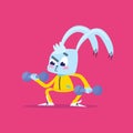 The rabbit goes in for sports. The hare tries to lift the barbell. Vector illustration