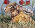 Rabbit in the grass with flowers original art