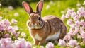 Rabbit in the grass with pink flowers in the background.