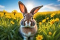 Rabbit in green grass. Red brown little Easter bunny animal outdoor in spring summer yellow flowers meadow under sun lights, blue Royalty Free Stock Photo