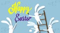Rabbit Group Standing On Step Ladder Hold Brush Paint Happy Easter Wall Holiday Banner