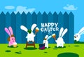 Rabbit Group Standing On Step Ladder Hold Brush Paint Happy Easter Wall Holiday Banner