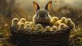 Easter Bunny and Chicks in Basket Royalty Free Stock Photo