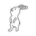 Rabbit hand-drawn contour line drawing. Black and white image.Easter bunny.For postcards, printing on fabric.Cute animal.Doodles.