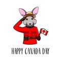 Rabbit. Happy Canada day greeting card. Canadian flag. Bunny, Hare wearing in form of the Royal Canadian Mounted Police. Vector.