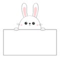 Rabbit happy face head icon hanging on paper board template. Pink cheeeks. Paw hands. Contour line. Funny baby hare. Cute cartoon