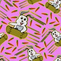 Rabbit happy play gold skateboarding seamless pattern, funny, cute bunny, animal,fun, cartoon, can be used for t-shirt print, kids