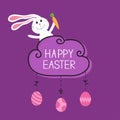 Rabbit hare bunny carrot. Happy Easter. Cloud frame. Hanging painted eggs. Dash line with bows. Greeting card. Flat design style.