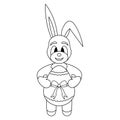 Rabbit. The hare is holding an Easter egg in its paws. The egg is decorated with a bow. Sketch. Vector illustration.