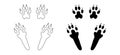 Rabbit or hare paw footprints. Silhouette and contour of four paws, hind and front. Black vector isolated. Paw step