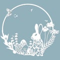 Rabbit, hare in a round frame, with patterns, flowers, butterflies. Template for laser, plotter cutting, and screen printing. The