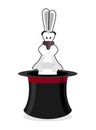 Rabbit in hat. Accessory magician. White rabbit in magic cap. Focus cylinder isolated on white background