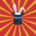 A rabbit in a hat on a colorful background. Vector of elements for magic tricks and sorcery. Royalty Free Stock Photo