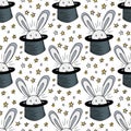 Rabbit in hat pattern. Vector seamless background for magic circus. Magician doodle stars decoration