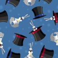 Rabbit in hat seamless pattern. Vector background for magical pr