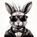 Rabbit Hipster animal with leather jacket and bow tie illustration. Generative AI