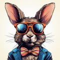 Rabbit hipster with bow tie and sunglasses. Generative AI