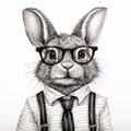 Rabbit hipster with glasses and suspenders on white background. generative AI