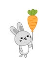 Rabbit is holding balloon in form of carrot. Easter bunny with balloon. Cartoon, vector. Royalty Free Stock Photo