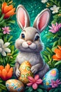 Rabbit holding egg in colorful and detailed illustration. Generative AI