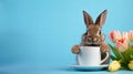 rabbit holding a mug with hot coffee on a blue background with copy space Royalty Free Stock Photo