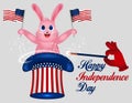 Rabbit Holds American Flag. Star striped Uncle Sam hat. American hat. Magic trick with rabbit in uncle Sam hat. 4th of July. Happy