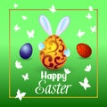 The rabbit holds a large Easter egg in his hands, butterflies fl