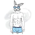 Rabbit with the human body in his underpants. Vector illustration for greeting card, poster, or print on clothes. Fashion & Style.