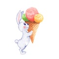 Rabbit and ice cream. Watercolor illustration. Isolated on whit