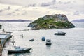 Rabbit island, fishing boats and Aegean sea in Bodrum, Gumusluk, Mugla, Turkey