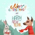 Rabbit in mittens and a lama in a scarf in the forest. Congratulation merry Christmas and new year. Festive card flyer