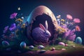 Rabbit in a large chocolate Easter egg. Purple color.. Easter.