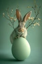 Rabbit with a large Easter egg on a soft green background. The image is generated with the use of an AI.