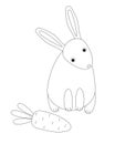 The rabbit is looking at the carrot. Long-eared hare wants to eat carrots - cute children vector illustration. Cute cartoon rabbit
