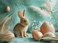 A rabbit looking at an egg made of shards Royalty Free Stock Photo