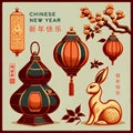 2023 Rabbit and Lunar New Year illustration set.Translation: Chinese New Year,Happy New Year,double happiness,fortune,spring,